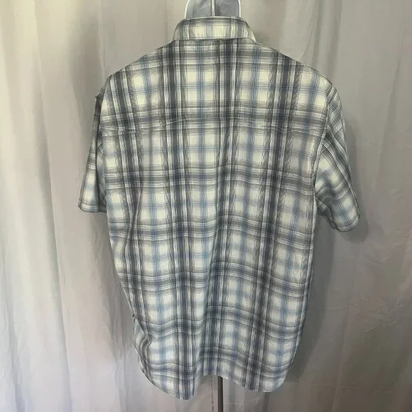 Patagonia Men's ivory and blue plaid short sleeve moisture wicking shirt XL EUC - Picture 5 of 7